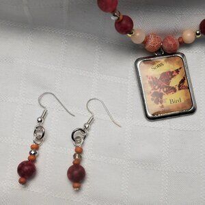 No1123 Beautiful handmade long necklace with silver enameled pendant & earrings